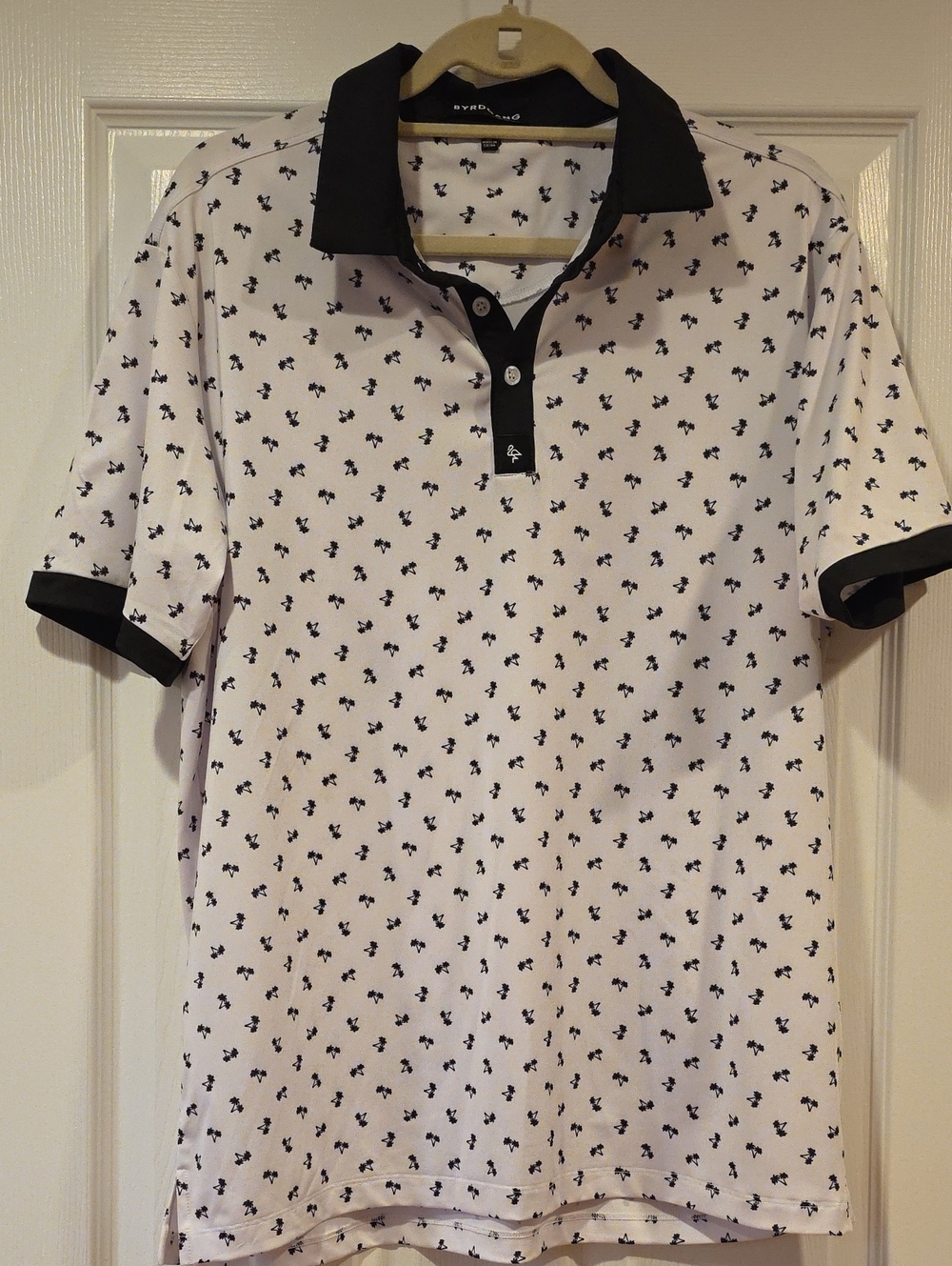 Byrdgang MED B&W polo Shirt, Palm Tree Design. EUC